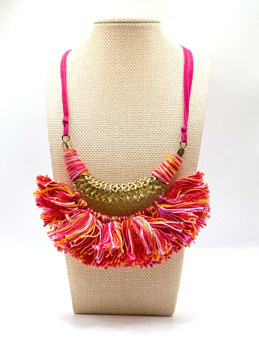 Boho Tassel Statement Necklace Pink Orange Fringe Woven Gold Chevron Bib Collar